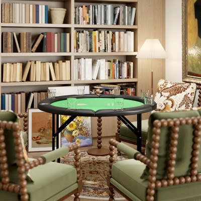 Foldable Round Black and Green Felt Poker Table for 8 Players