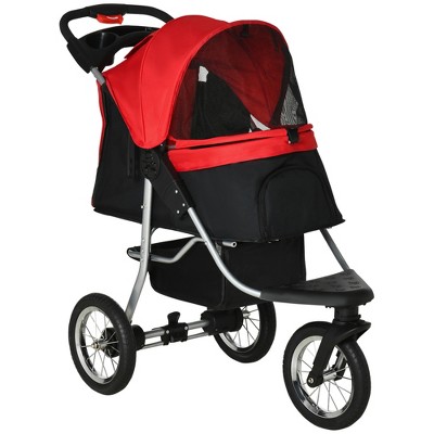 PawHut Luxury One-click Folding Pet Stroller Dog/Cat Travel Carriage with Wheels Adjustable Canopy Zippered Mesh Window Door Red and Black