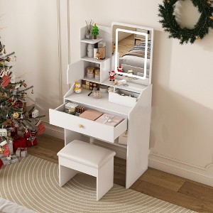 Vanity Desk with LED Mirror Lights and Power Outlet Charging Station, Makeup Dressing Table with Storage Stool - 1 of 4