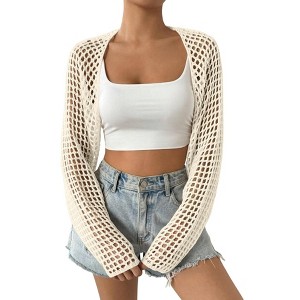 Womens Long Sleeve Crochet Knit Bolero Open Front Cropped Lightweight Cardigan Cover Up Tops - 1 of 4