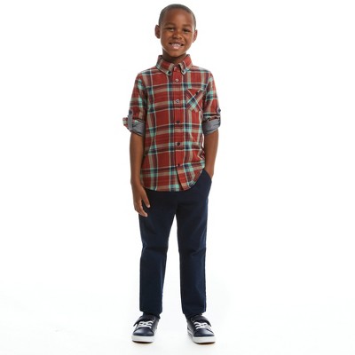 Rust Plaid Cotton Blend Buttondown Set with Navy Pants