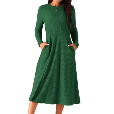 INSPIRE CHIC Women's Long Sleeve Round Neck Casual Stretchy A-Line Midi Dress