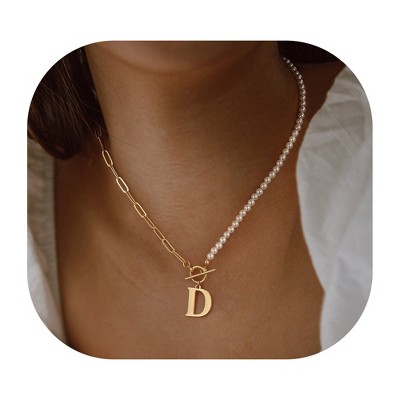 Turandoss 18K Gold Initial Pearl Necklace for Women Girls, Paperclip Link Chain Necklace, Letter Choker Necklaces, Gold Jewelry for Women, 14+2Inches
