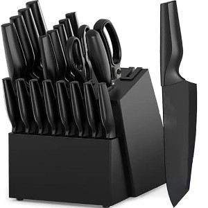 Itopfox 21-Piece Kitchen Knife Set with Block, Dishwasher Safe German Stainless Steel Knives with Built-in Sharpener, Black Knife Block Set - 1 of 4