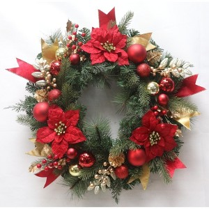 24“Pre-Lit Christmas Wreath with Lights,Red & Gold Berries Ball Ornaments Artificial Flower Leaves, for Front Door, Windows, Wall, Mantel Decoration - 1 of 4