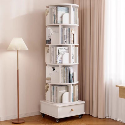 SKRAN Rotating Bookshelf with Drawer, 360 Display Tier Corner Bookshelf, Floor Standing Bookcase Storage Rack for Bedroom, Living Room