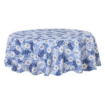 60" Dia Round Vinyl Water Oil Resistant Printed Tablecloths Blue Daisy - PiccoCasa