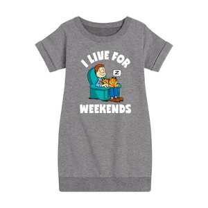 Girls' - Garfield - I Live For Weekends Graphic Short Sleeve Fleece Dress - 1 of 4