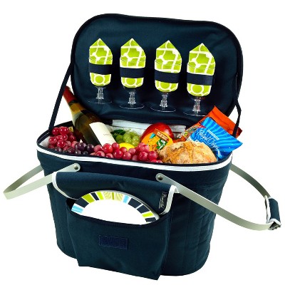 Picnic at Ascot Folding Soft Sided Cooler Basket with Four Person Picnic Set