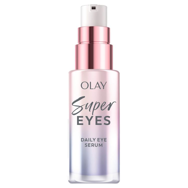 Olay Super Eyes daily eye serum bottle with pump, labeled 'OLAY Super EYES DAILY EYE SERUM', in a pink colored iridescent bottle with a rose colored pump.