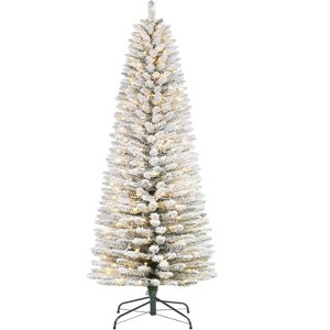 Pre-Lit Snow Flocked Pencil Christmas Tree - Slim Artificial Xmas Tree with Warm White Lights & Snow-Covered Tips - 1 of 4