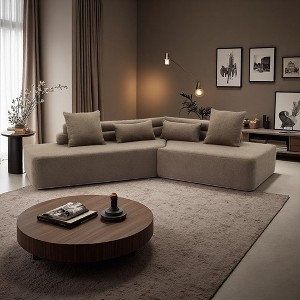 128" Boucle Teddy L-Shaped Sectional Sofa with 2 Throw & 2 Lumbar Pillows - 1 of 4