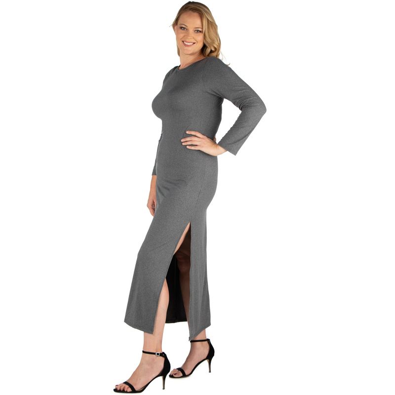 24seven Comfort Apparel Long Sleeve Side Slit Fitted Black Plus Size Maxi Dress, 2 of 5