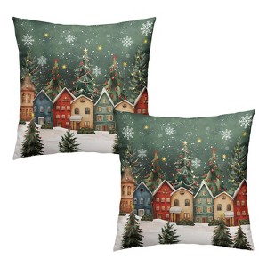 Christmas Pillow Cover 18x18 Set of 2 Winter Xmas Tree Wonderland Forest Village Town House Snowflake - 1 of 4