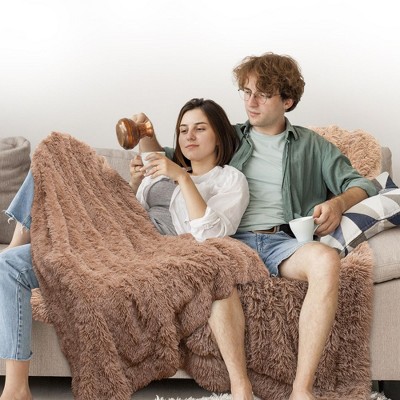 Taupe Reversible Faux Fur and Fleece Throw Blanket