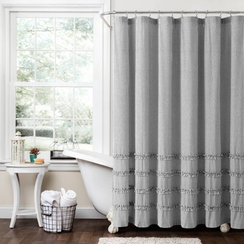 Vintage Gray Striped Shower Curtain at Drop In Bathtub - Transitional -  Bathroom