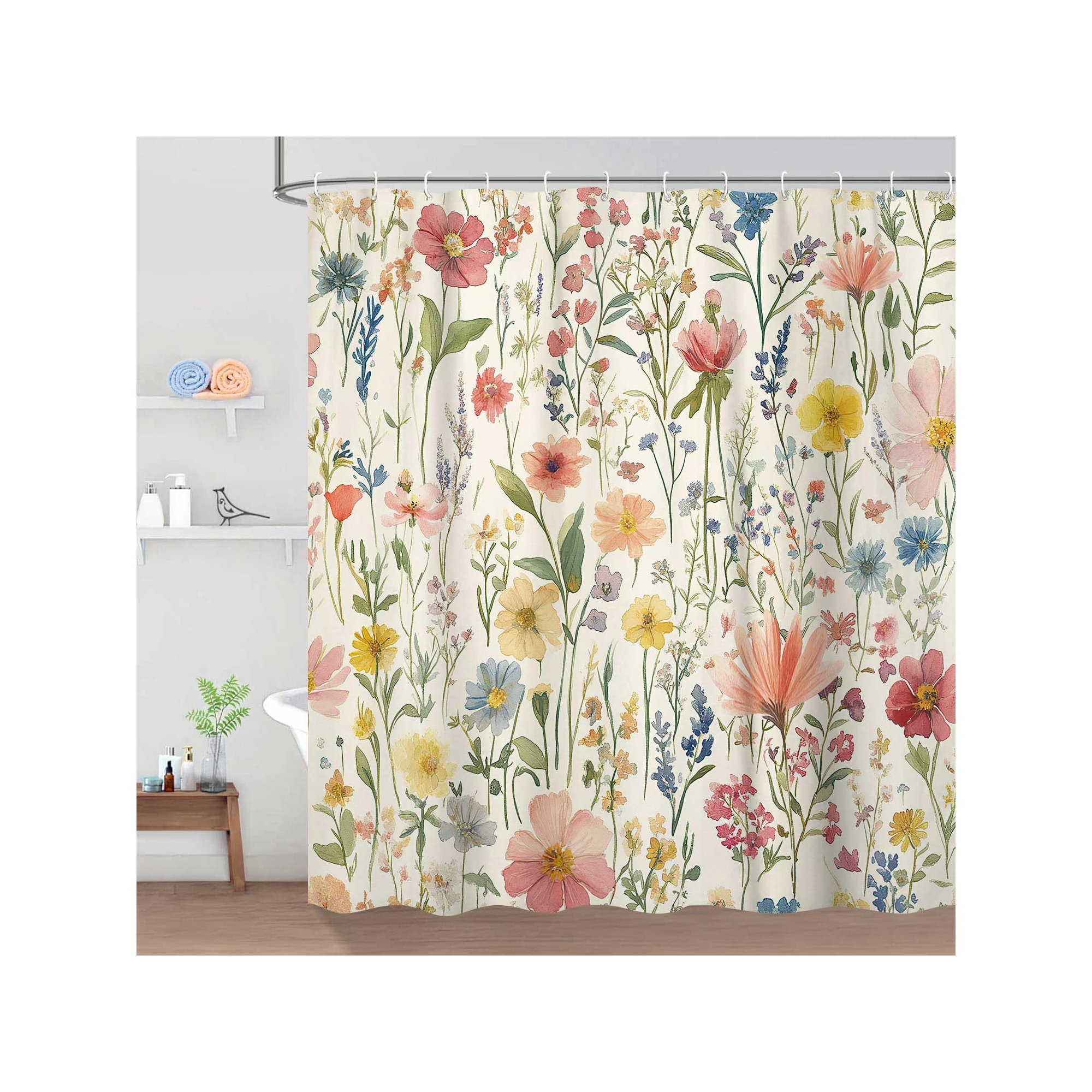Floral Shower Curtain, 70.8" Vintage Flower Watercolor Plant Style Shower Curtain, Boho Colorful Wildflower