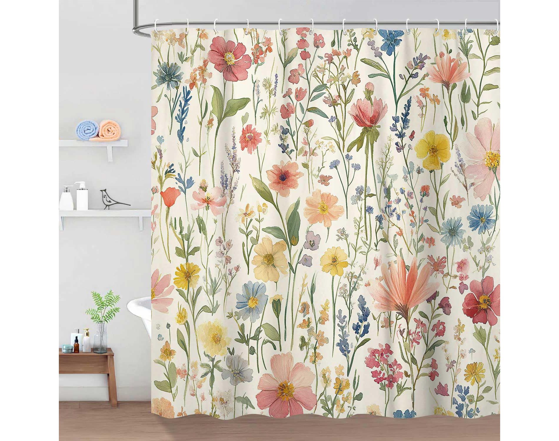 Floral Shower Curtain, 70.8" Vintage Flower Watercolor Plant Style Shower Curtain, Boho Colorful Wildflower