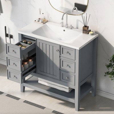 JUJABU 36'' Modern Bathroom Vanity with Ceramic Sink, 3 Drawers  & Open Shelf