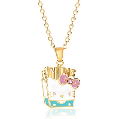 Sanrio Hello Kitty Brass Enamel and Pink Crystal Cafe French Fries 3D Pendant, 16+ 2'' Chain