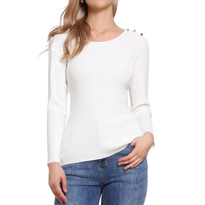 INSPIRE CHIC Women's Ribbed Knit Long Sleeve Crew Neck Button Decor Sweater Large White