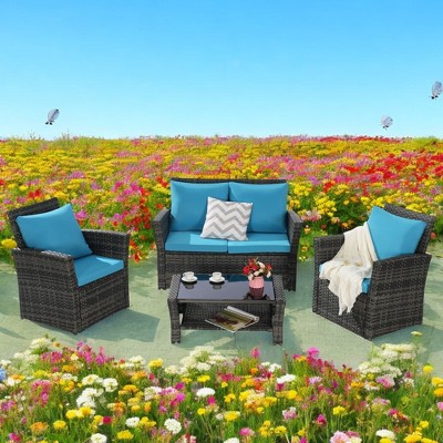 Mshliw 4-Piece Outdoor Patio Furniture Set, Garden Wicker Sofa with Tempered Glass Coffee Table, Poolside Lawn Chairs, Cushions, Modular Design