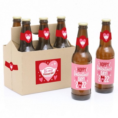 Big Dot of Happiness Quarantine Valentine - 2022 Valentine's Day Party Decorations for Women and Men - 6 Beer Bottle Label Stickers and 1 Carrier