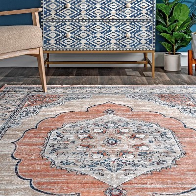 Beige and Orange Polypropylene Medallion Area Rug, 4' x 6'