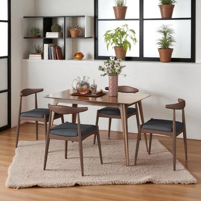 5-Piece Dining Table Set with Rubberwood Frame and Faux Wood Top, Mid-Century Modern Table and 4 Upholstered Chairs for Kitchen or Dining Room