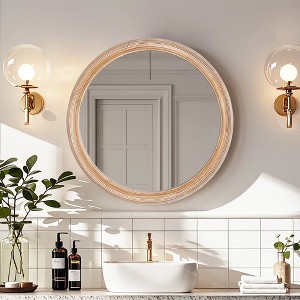 Angel Sar 27.5 Inch Round Wall Mirror, Farmhouse Wood Frame with Whitewash Finish, for Bathroom Vanity Bedroom Living Room Entryway - 1 of 4