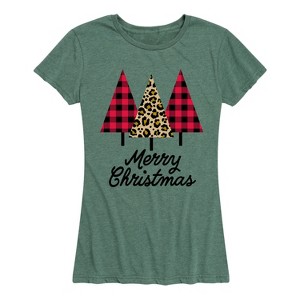 Women's Instant Message Leopard and Plaid Christmas Trees- Women's Short Sleeve Graphic T-shirt Short Sleeve Graphic T-Shirt - Heather Juniper - 2 - 1 of 4
