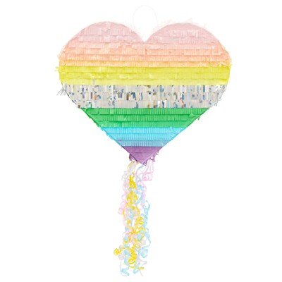Sparkle and Bash Small Pull String Rainbow Heart Pinata for Pastel Birthday Party Decorations, 15.7 x 13 x 3 In