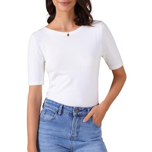INSPIRE CHIC Women's Short Sleeve Boat Neck Lightweight Stretchy Basic Knit Casual T-Shirt - 1 of 4