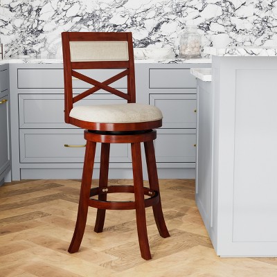 FURNIinspire Counter And Bar Stools Swivel Bar Stool Counter Stool, Vintage Bar Chair With Backrest, Cherry Frame, Beige Fabric Seat, 24"*24"*45"