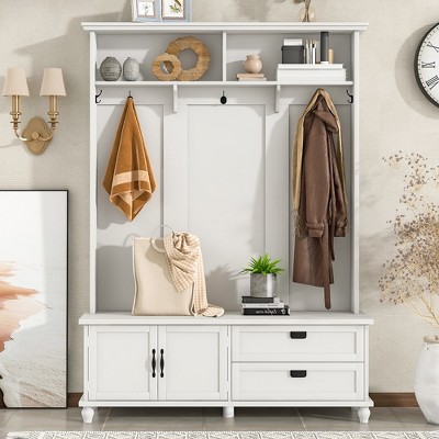 Modern Style Hall Tree With Storage Cabinet 2 Large Drawers Widen Mudroom Bench With 5 Coat Hooks For Entryway Living Room