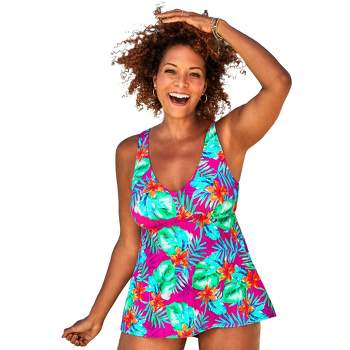 Swimsuits For All Women's Plus Size Bandeau Blouson Tankini Top 16 Neutral  Floral
