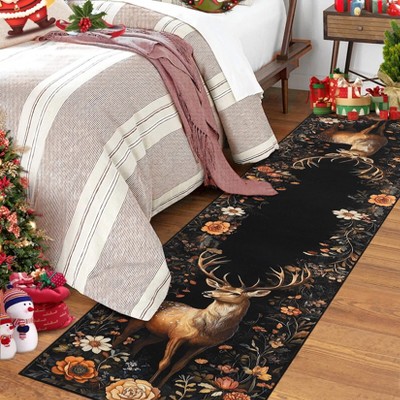 Christmas Elk Area Rug Non Slip Washable Traditional Farmhouse Carpet Large Deer Design for Gaming Holiday Decoration