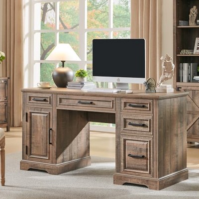 TAJSOON 58" Executive Desk, Farmhouse Computer Desk with Drawers and Cabinet,Warm Brown