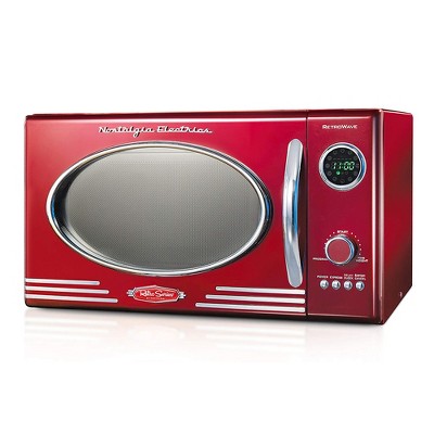 Nostalgia RMO4RR Retro 0.9 Cubic Foot 800W Kitchen Countertop Microwave Oven with Digital Clock, LED Display, 5 Power Levels and 12 Cook Settings, Red