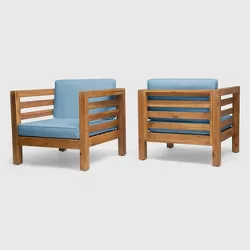 Oana Set of 2 Acacia Wood Club Chairs - Teak/Blue - Christopher Knight Home