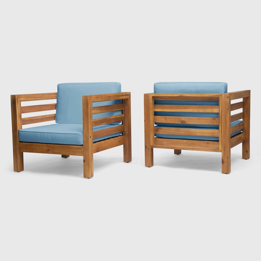Oana Set of 2 Acacia Wood Club Chairs - Teak/Blue - Christopher Knight Home: Mid-Century Outdoor Seating