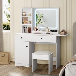 Vanity Desk with Drawers, Stylish Dressing Table Bedroom Makeup Table Set, with Chair, Mirror and Lights, for Bedroom, White - 1 of 4
