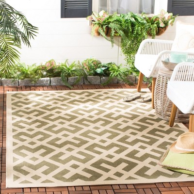 Green and Bone Geometric Synthetic Outdoor Area Rug