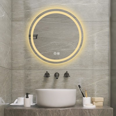 DOMETOUR 27-inch LED Single Bathroom Vanity Mirror Polished Crystal Bathroom Round Vanity Mirror for Smart Lighting On Bathroom Walls