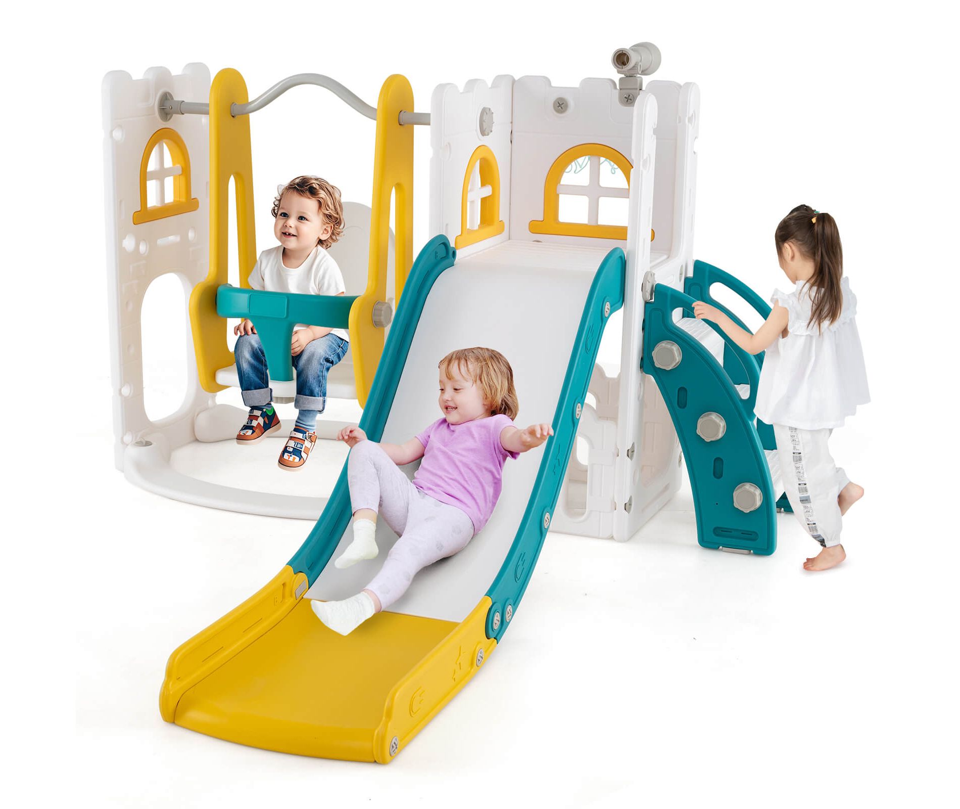 Costway 7-in-1 Toddler Slide & Swing Set Indoor Playground for Kids Age 1-3 Years Old Yellow+Green