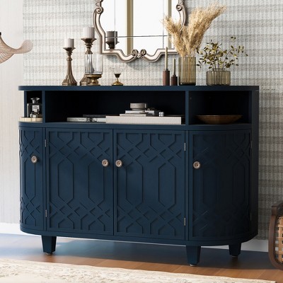 48" Stylish Fraxinus Mandschuric Solid Wood Veneer Sideboard, Curved Design 4-Door Storage Cabinet With Adjustable Shelves - ModernLuxe