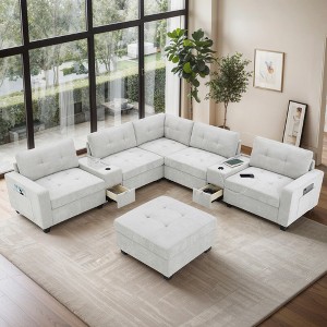 104" U-Shaped Chenille Sectional Sofa with Acrylic Table Tops, Dual Consoles, Storage Drawers & Pockets, USB & Wireless Charging, Movable Ottoman - 1 of 4