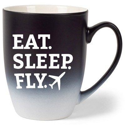 Elanze Designs Eat Sleep Fly Two Toned Ombre Matte Black and White 12 ounce Ceramic Stoneware Coffee Cup Mug