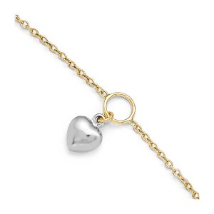 Black Bow Jewelry 14k Two Tone Gold Dangling Puffed Heart Anklet, 10-11 Inch - 1 of 4
