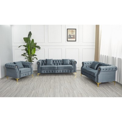 3 Piece Living Room Set, Mid-Century Style Sofa,Button Tufted Armchair Loveseat Couch with Square Pillows and Nailhead Trim for Living Room